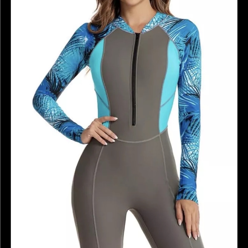Women's Blue and Gray Long Sleeve Swimsuit